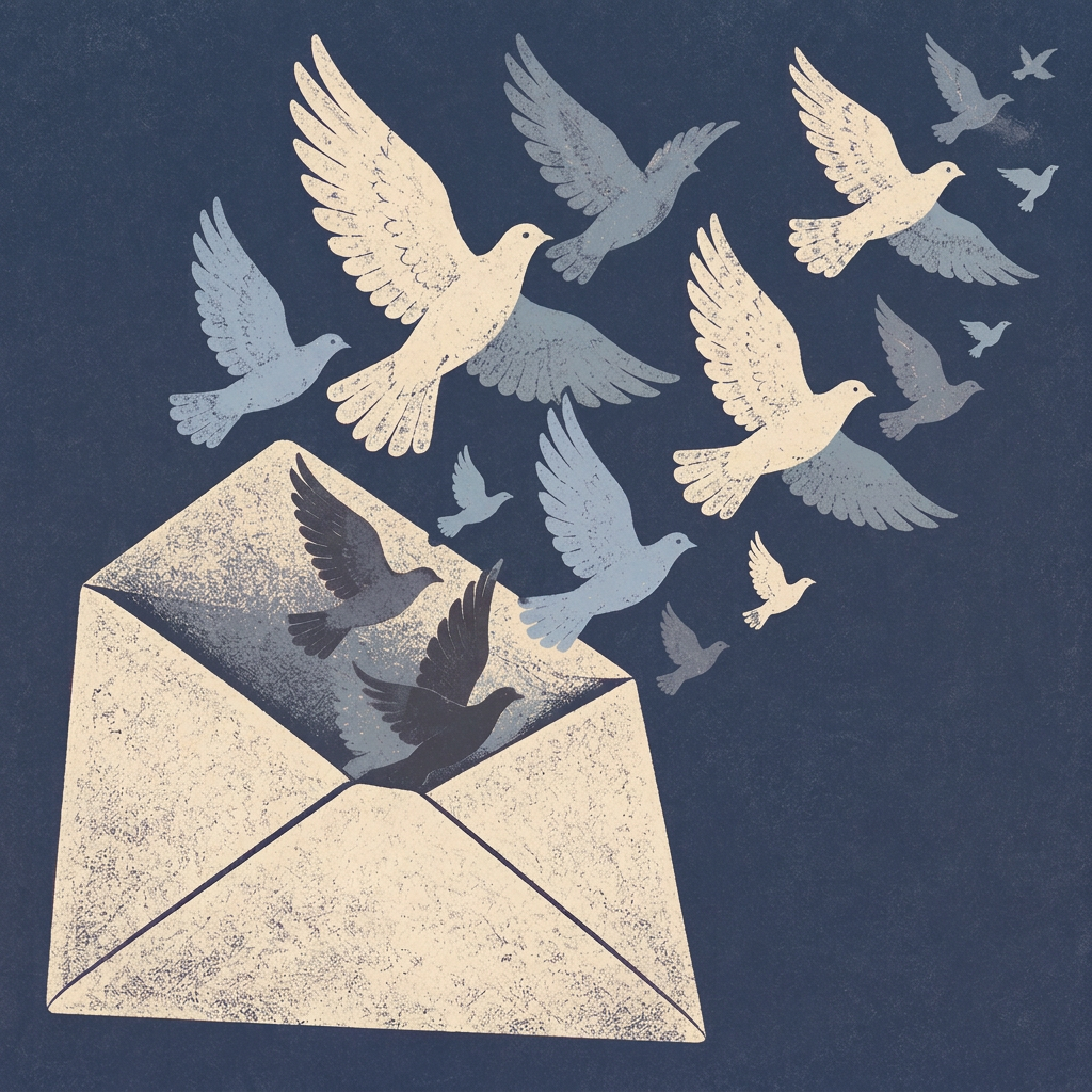 An open envelope releasing a circular flock of birds